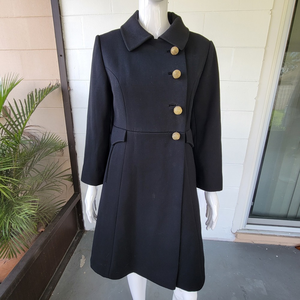 VTG 60s Kingsley Black Wool Coat Women M Mod Dark Academia Retro ILGWU
